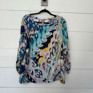Chico’s Women’s 3 Blue Grey Patterned Blouse Top